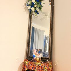 Long Brown Modern Mirror + Glass Table 