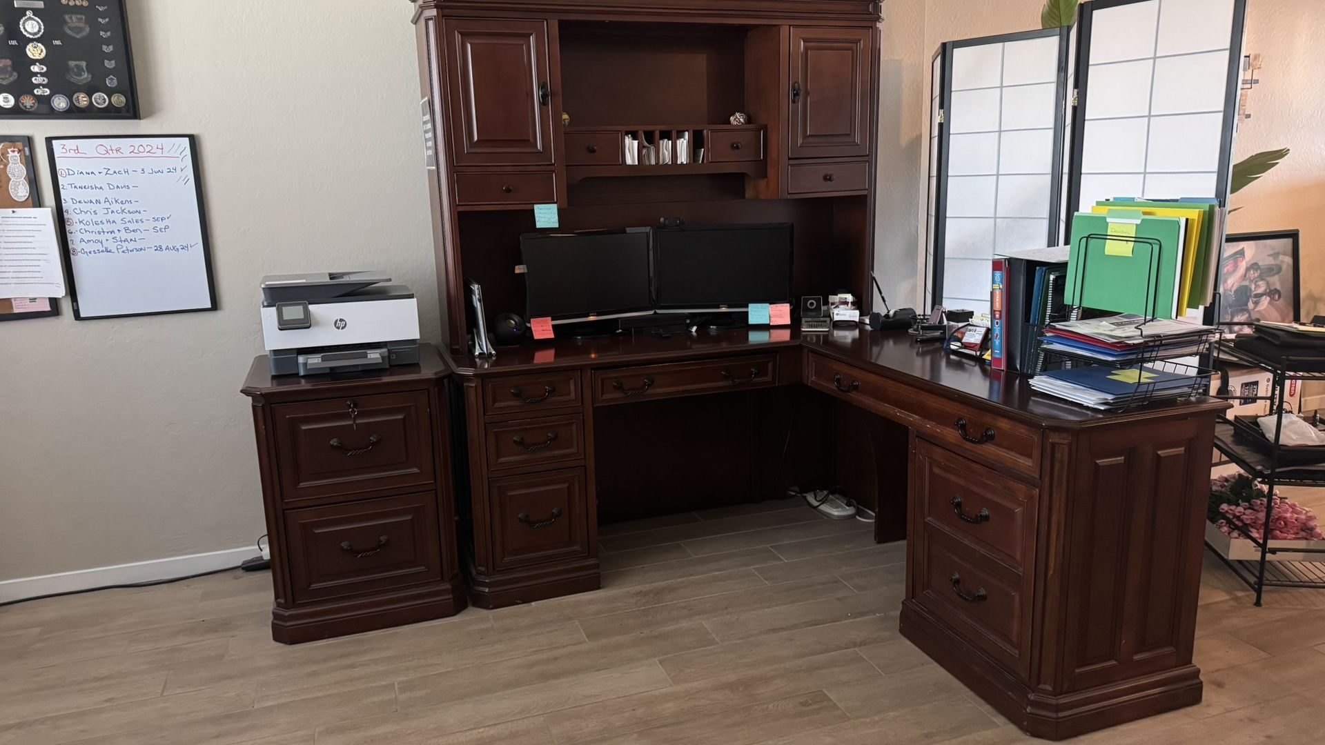 Professional 3-Pieces Cherry Wood L-Shape Desk w/Desk-Top Credenza & 2-Drawer File Cabinet