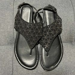 Time and Tru Womens Sandals Size 9 Hooded Jewel Black Slingback Flat Shoe