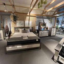 Grey/beige King Bed, Dresser, Mirror And One Nightstand