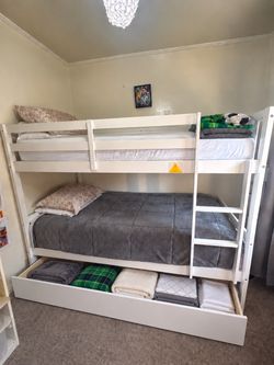 White Wood Bunk Bed with Storage Drawer