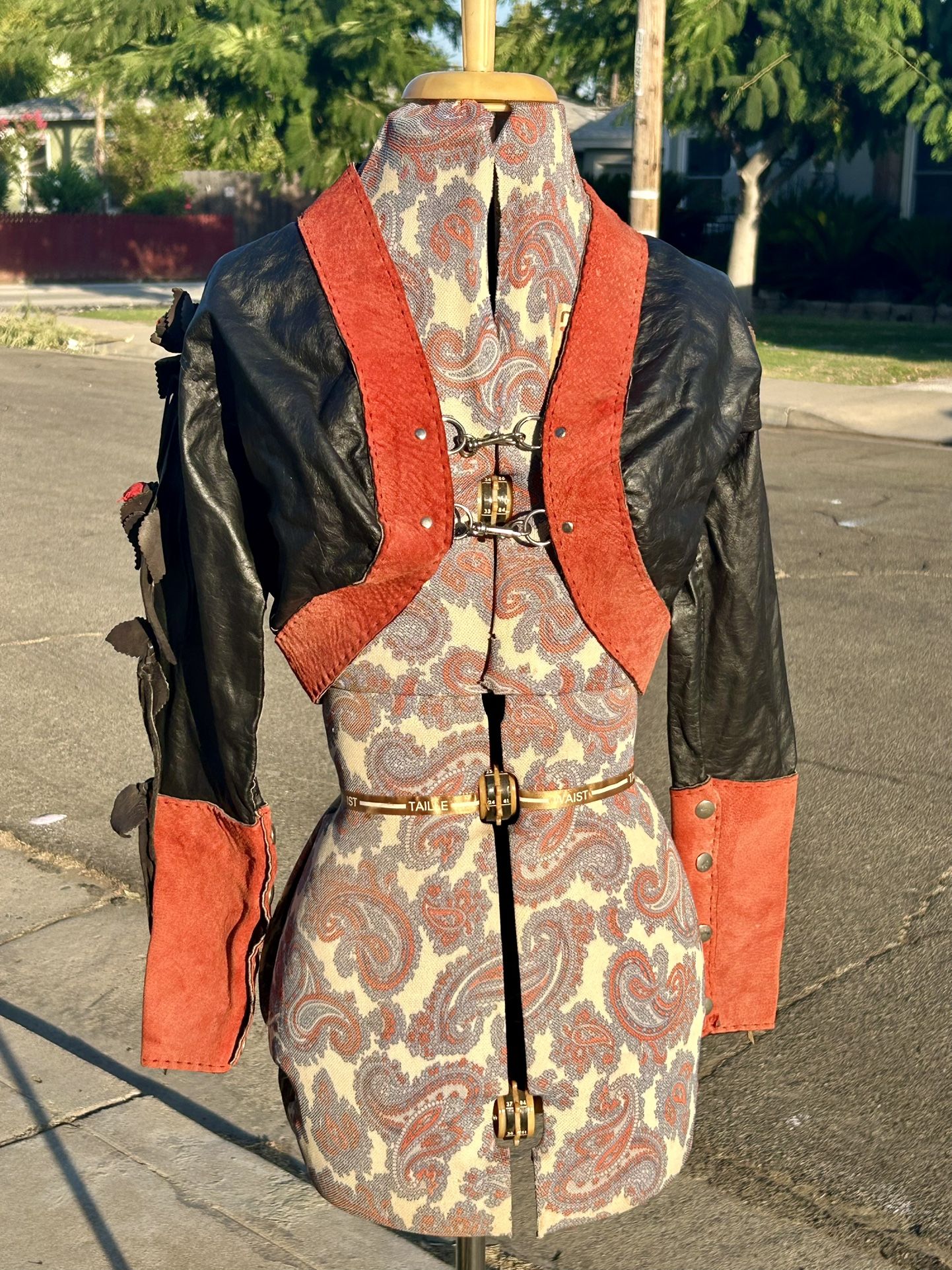 Vintage 80s Black Leather & Red Suede Roses Fringe Bolero Crop Jacket Womens Unique 35” Chest XS / S