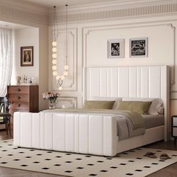 Queen Bed Frame, Upholstered Platform Bed Frame Queen Size with Vertical Channel Tufted Headboard & Footboard, Wingback Design/Noise Free/N