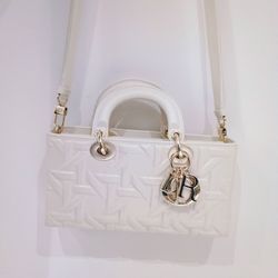 Preloved Dior Medium D-Joy embossed Graphic Cannage White Supple Leather Tote Purse