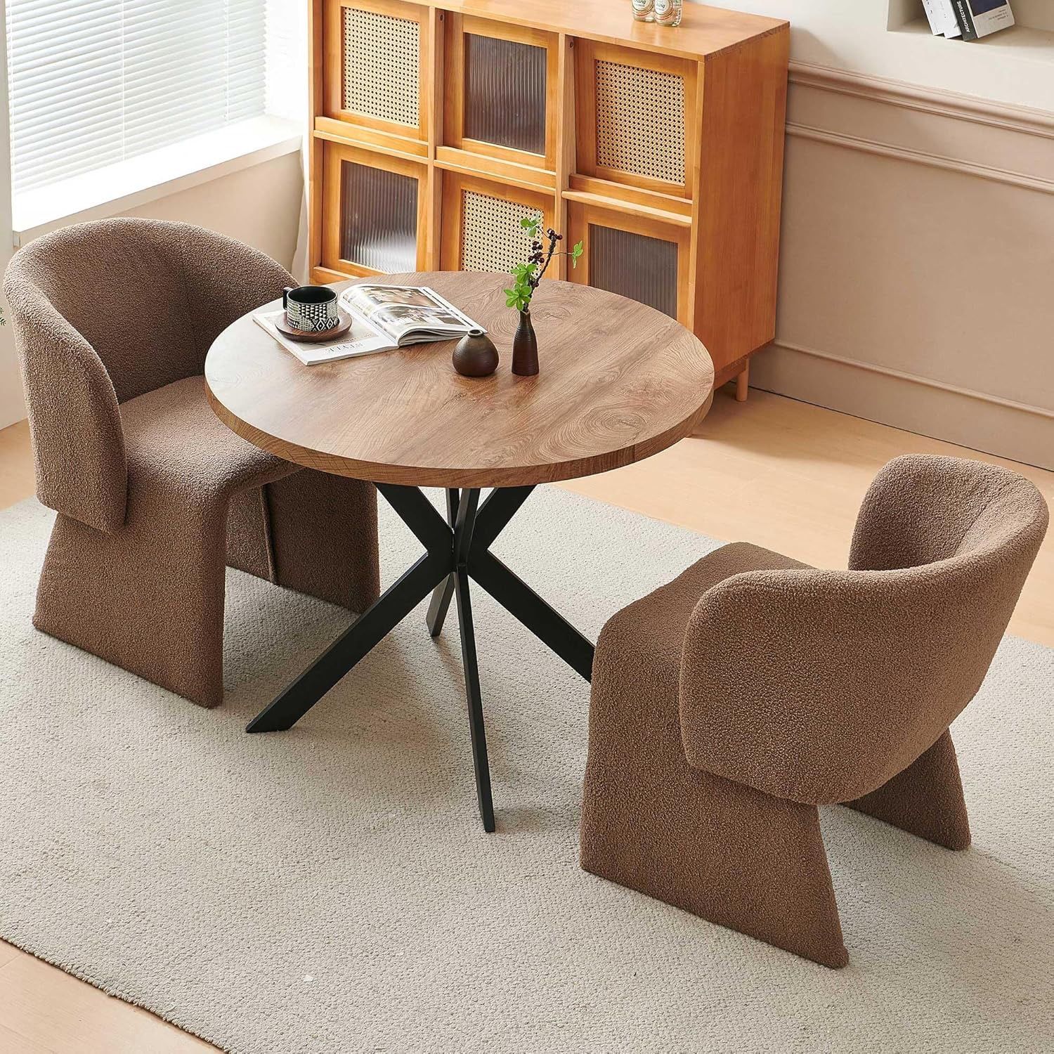 3 Pieces Breakfast Table Set for 2, 37 Inch Round Dining Table and Chairs Set, Brown Upholstered Dining Chairs with Circle Kitchen Table, Engineered W