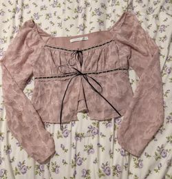 Altar'd State Dusty Rose Lace Peasant Blouse with Black Ribbon