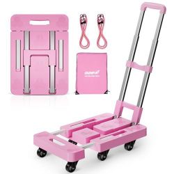 Pink foldable hand truck 500 lbs capacity with bag and bungee cords