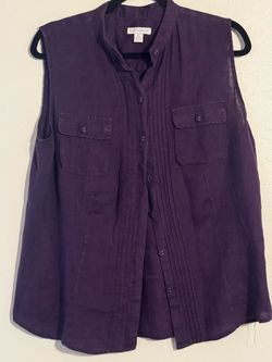 Charter Club Women's Purple Sleeveless 100% Linen Blouse Top Size 14 Pleated Front