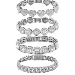 4PCS Silver Bracelets for Women Girls Silver Clustered Tennis Bracelet