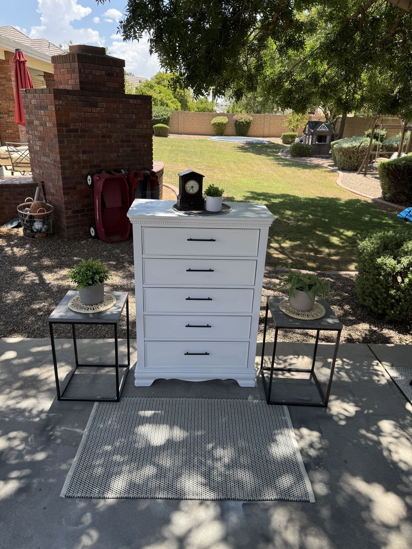 Modern Farmhouse (5) Drawer Tall White Dresser with (2) Side Tables