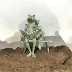 Reading Frog Family Garden Sculpture 14”x11”x4”