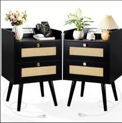 2 Boho Style nightstand with charging station with Rattan, Equipped with Two Drawers