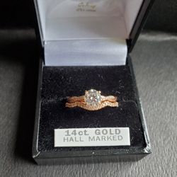 VINTAGE 14K GOLD REAL DIAMOND CUSTOM ENGAGEMENT RING + WEDDING BAND
