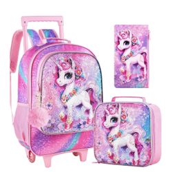 3PCS Rolling Backpack for Girls and Boys, Kids Unicorn Dinosaur Wheeled Bookbag
