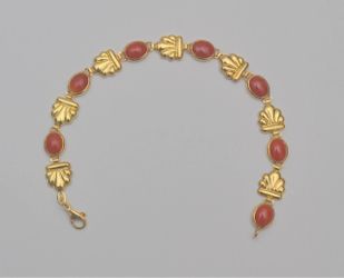 18K Yellow Gold Red Coral Oval Cabochon Scallop Link Bracelet 7.5" 8.3g