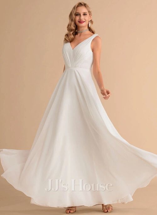A Line V Neck Floor Length chiffon Wedding Dress