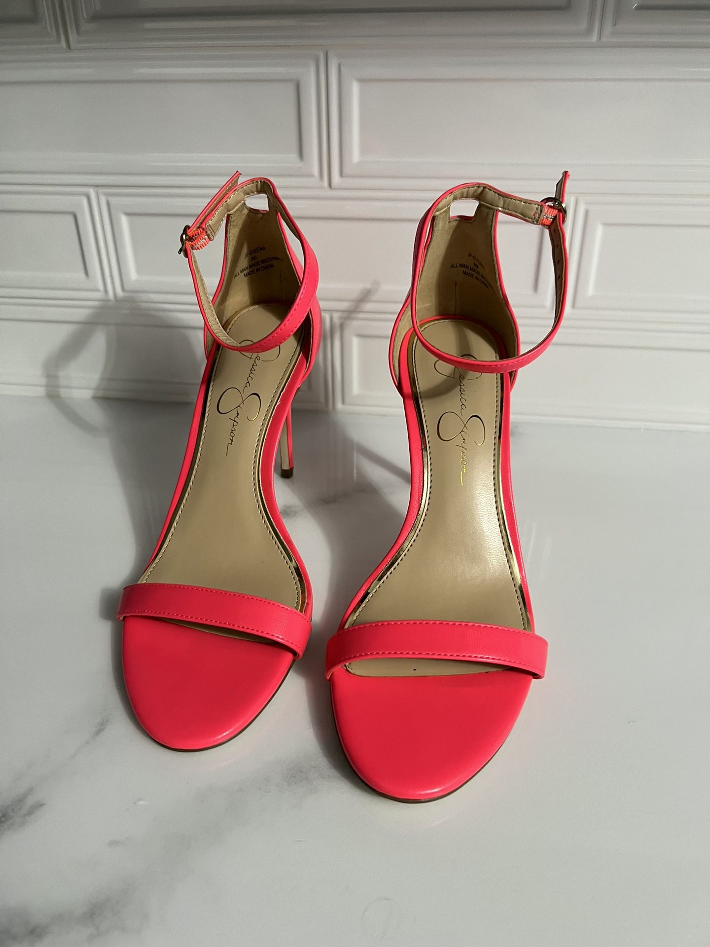 Bright Coral Pink Strappy Heels. Like New! 