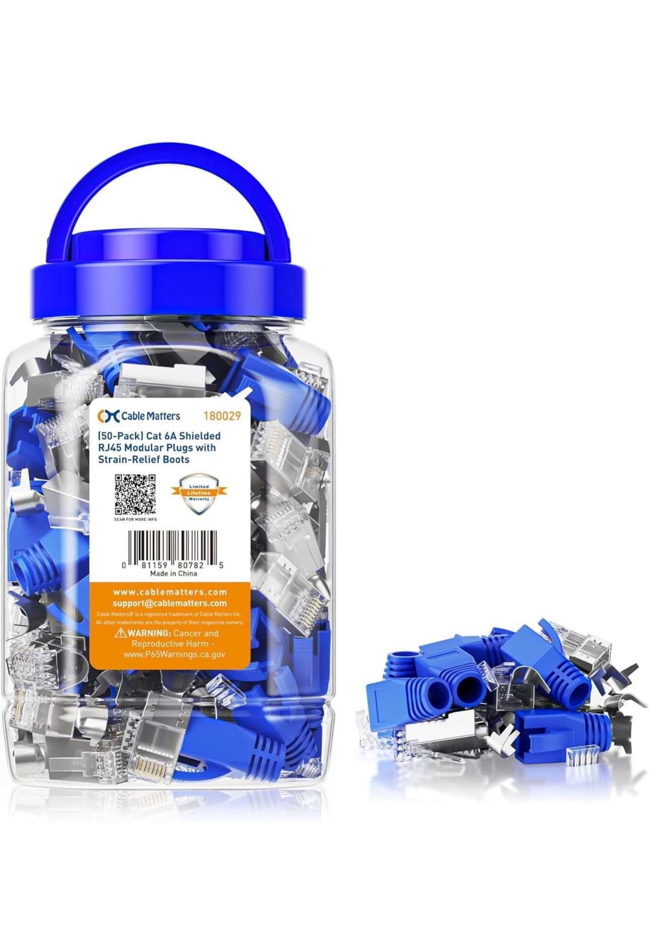 Cable Matters 50-Pack Cat6A RJ45 Shielded Modular Plugs with Strain Relief Boots