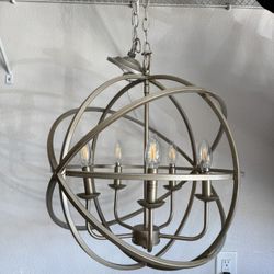 Matte Silver Chandelier - Globe / Round 18” Diameter, 6 Bulb Dimmable
