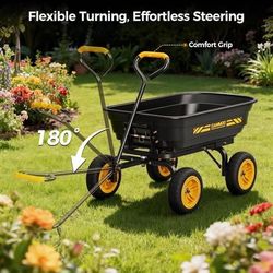 New 10-in NO-FLAT TIRES 600lb Heavy-Duty Garden Dump Cart 4 Cu.Ft. Utility Wagon Quick-Release Dumpi
