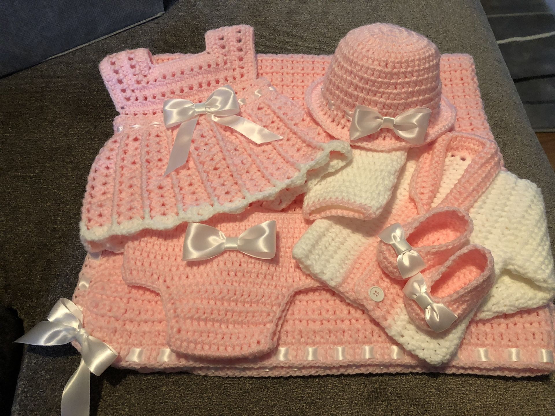 Crochet newborn Blanket, Hat, Sweater, Dress, Diaper cover and shoes