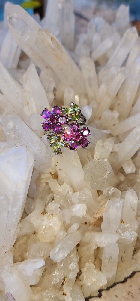 Garnet And Peridot 14kwhite Gold Over Solid Sterling Silver Size 7