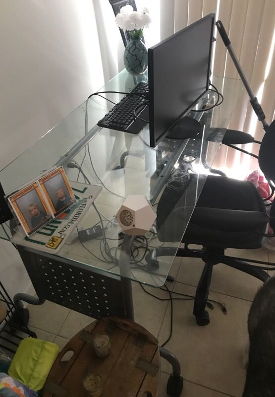 Glass modern desk and bookshelf set