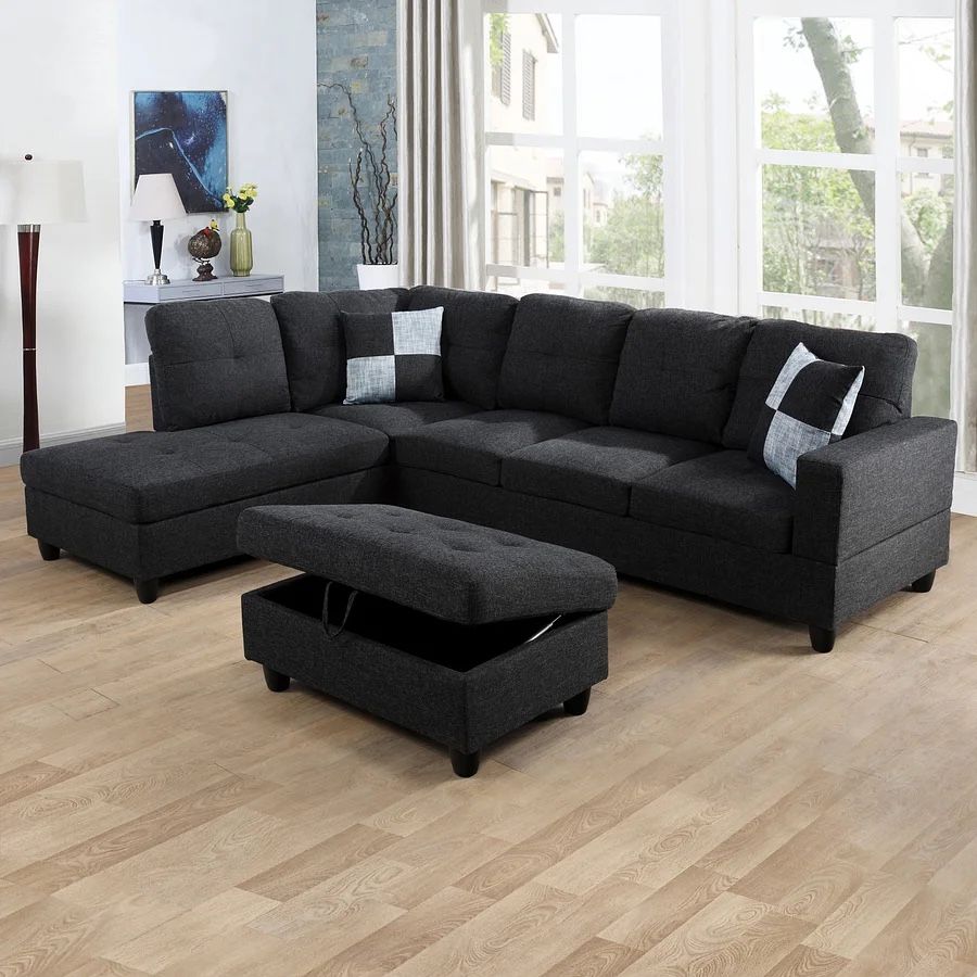 Dark Gray Sectional Couch Set And Ottoman