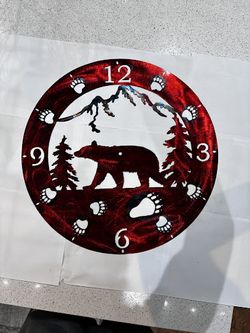 Clock Bear Facing Left with Pine Tree and Mountains Metal Sign 20x20