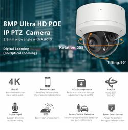 4K 2.5'' PoE PTZ IP Camera with Mic/Audio in, 8MP IP Dome Security Camera Outdoor, Waterproof IP66, 2.8mm Lens 60ft IR Night Vision, Pan 0~355° /0-90