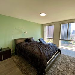 Modern Leather Platform Bed w/ Reclining Headrests + Slats + Side Table