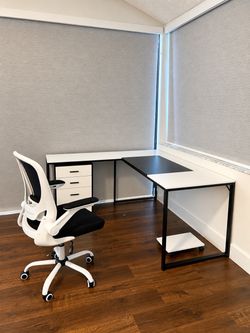 Modern L-Shaped Desk with 3-Drawer Mobile Cabinet and Mesh Office Chair Set
