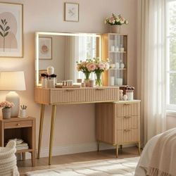 Fluted Makeup Vanity Desk with 36" HD Lighted Mirror, 48" Big Modern Vanity Desk with Mirror and Lights, Dressing Table with 5 Drawers & Shelves, Glas