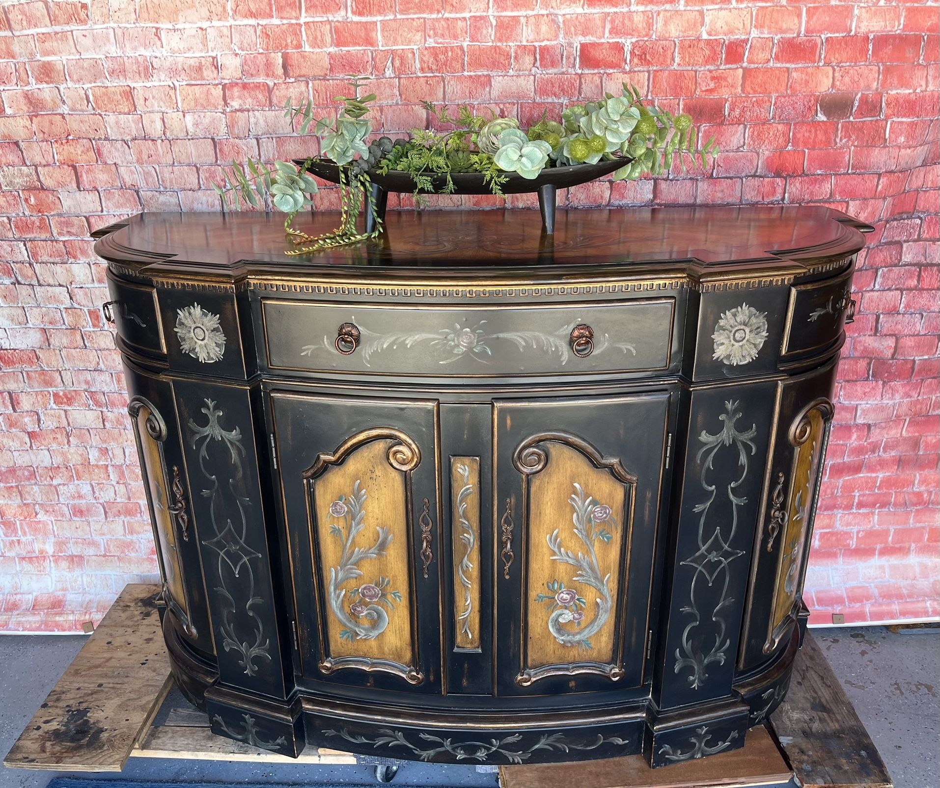 Vintage Buffet Credenza Sideboard  Large Paint Decorated Black