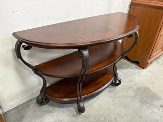 Dark Finished 3 Tier Demilune Console Table with Decorative Curved Metal Legs