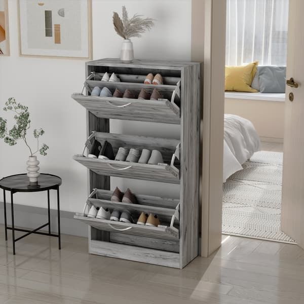 Modern Wooden Shoe Storage Cabinet with 3 Louvered Doors and Adjustable Storage Shelves 22.4''L $40