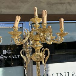 Vintage Antique  pair of ornate brass candelabra floor lamps with crystal accent