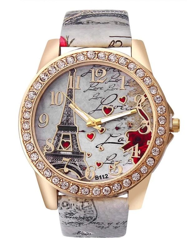 Eiffel Tower Rhinestone Love ❤️ Watch Gray  In Box * See My Other 800 Items*