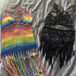 2 piece festival set black fringe rainbow crochet halter top skirt 
