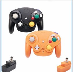 PGYFDAL Wireless Game Cube Controller, 2 Pieces 2.4G Wireless Classic Gamepad with Receiver Adapter for Wii Game Cube NGC GC (Black and Orange)
