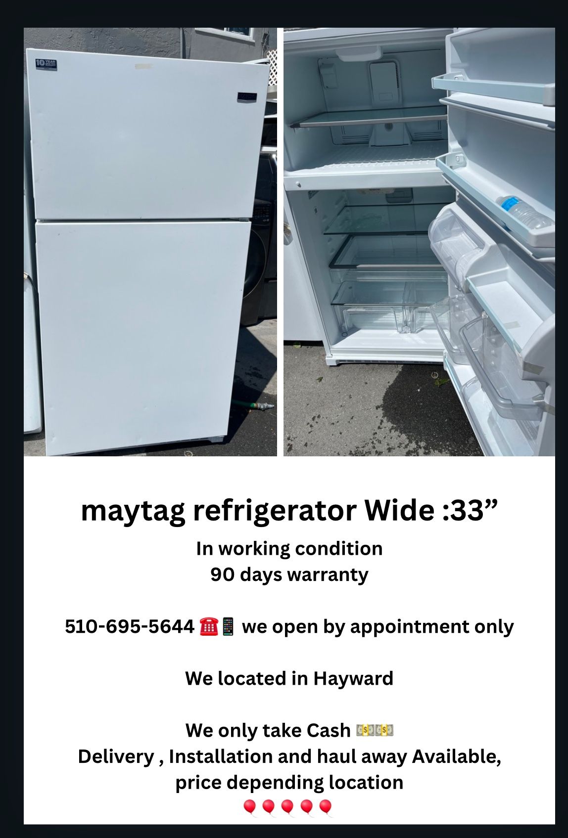 Maytag Apartment Sizes Refrigerator Wide 33”