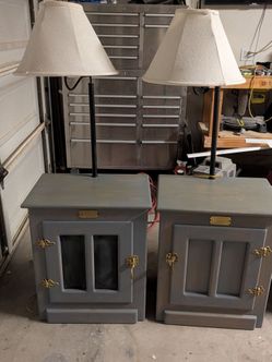 Pair of Gray Oak Wood Nightstands with Lamps