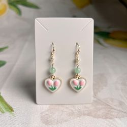 Cute Flower Earrings, Mint Pearl Pink Tulip, Heart Charm, Dainty, Coquette Fun
