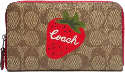 COACH Medium Id Zip Wallet (SV/Khaki/Electric Red)