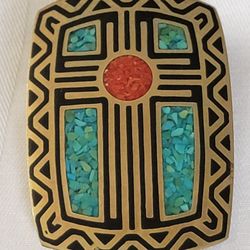 Cooper Metal Craft Brass Bolo Tie Cross Inlay Turquoise Chips & Red Stone 1981