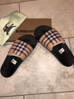 Burberry Men's Check Slide Sandals Black/Beige US 9 EU 44 New w/ Box