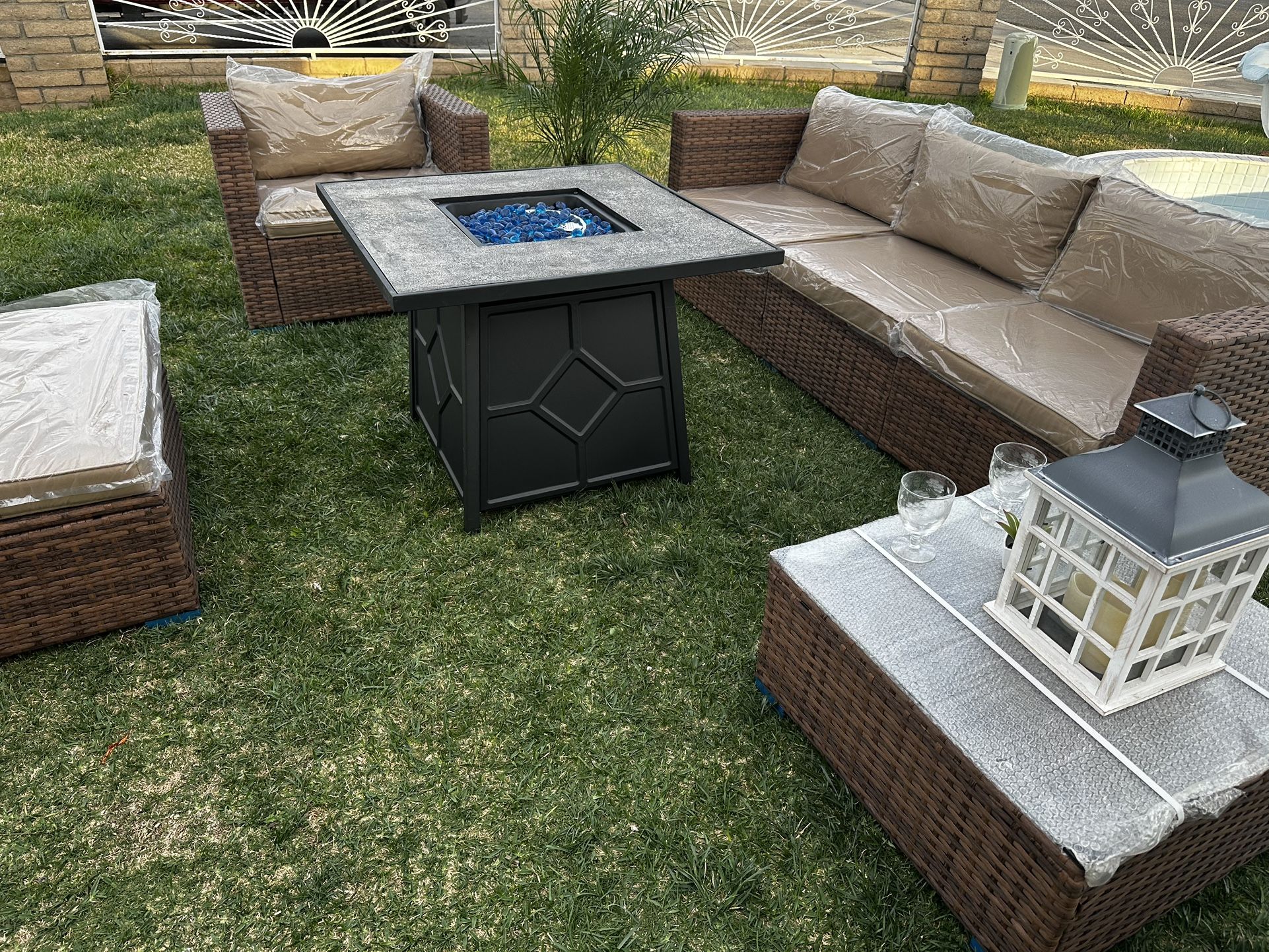 brand new patio set with fire pit propane