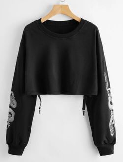Black Long Sleeve Crop Top with White Dragon Design & Suspender Buckles Goth Grunge