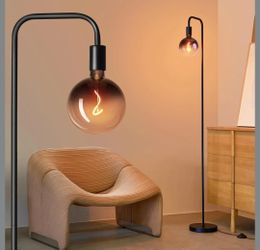 New Floor Lamp for Living Room - Minimalist Industrial Standing Lamp with Modern LED Bulb, Globe Black Clear Glass 6", 1800K Warm Ambiant Lighting Dec