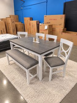 White Kitchen Dining Table Set with Bench – Table, Chairs & Bench $10 Down $470